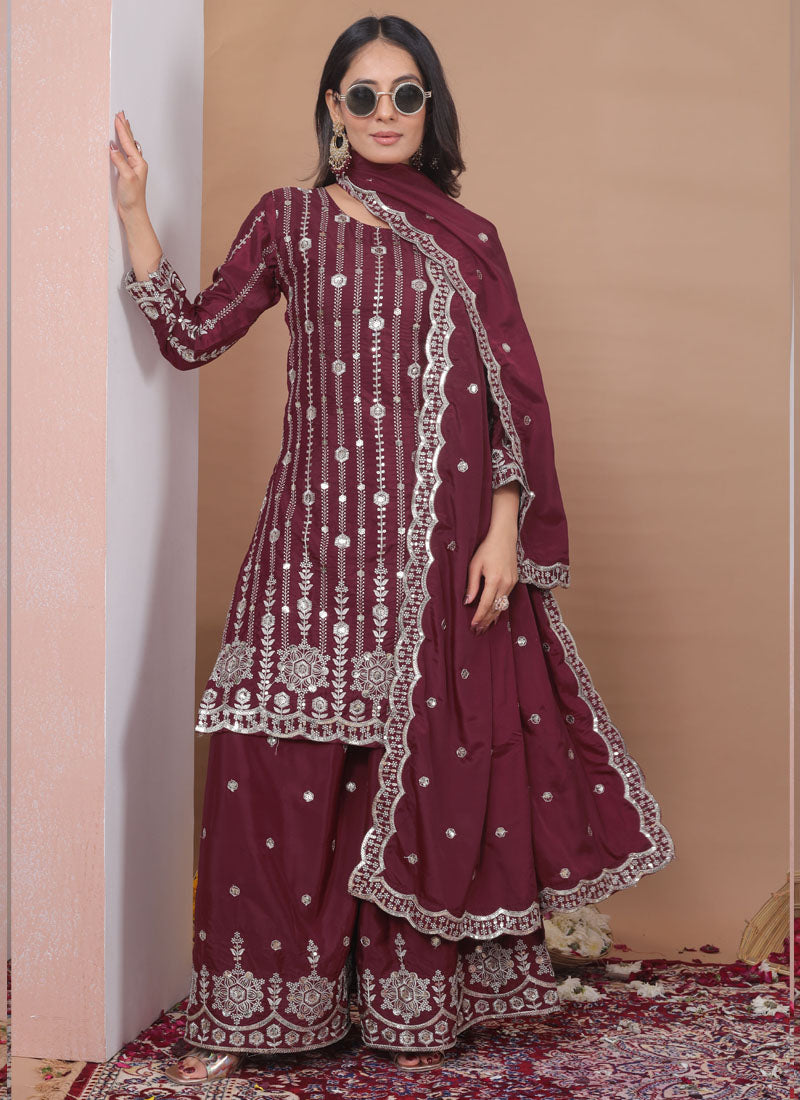 Prazu Fashion Brown Crepe Silk Sequin Embroidered Sharara Suit