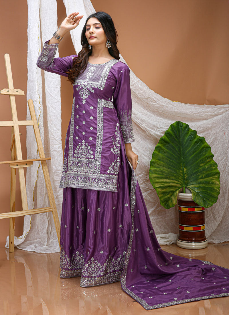 Prazu Fashion Lavender Crepe Silk Sequin Embroidered Sharara Suit