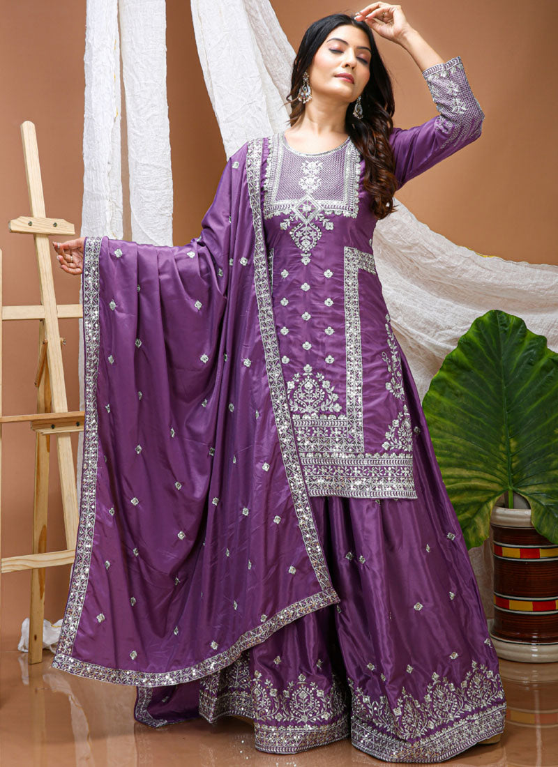 Prazu Fashion Lavender Crepe Silk Sequin Embroidered Sharara Suit