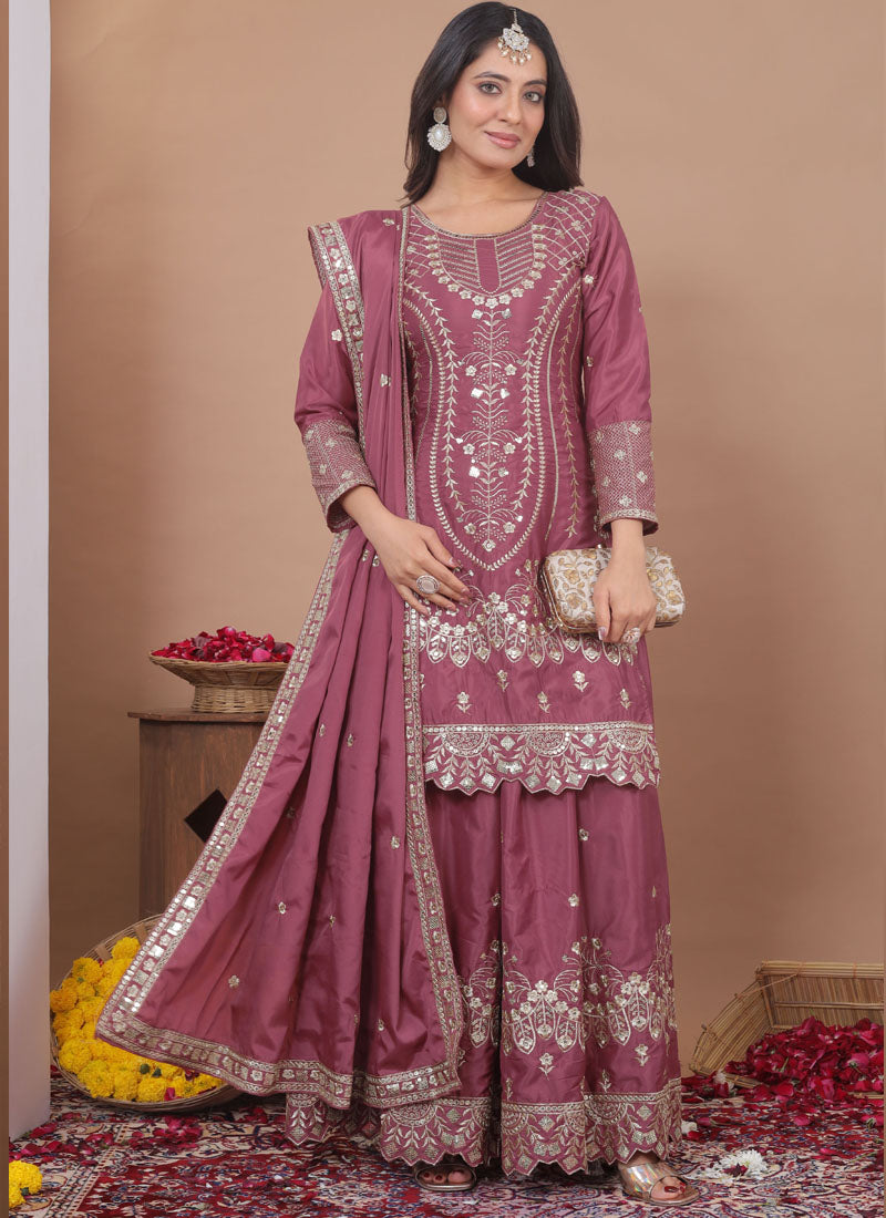 Prazu Fashion Onion Pink Crepe Silk Sequin Embroidered Sharara Suit