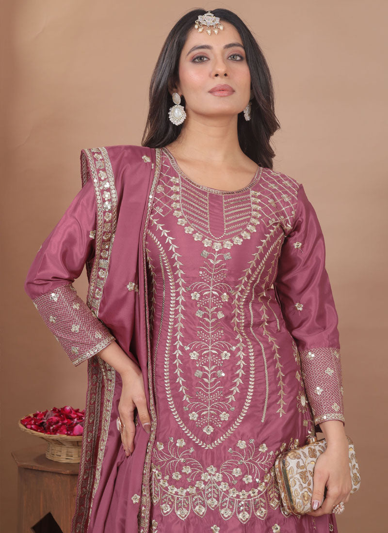 Prazu Fashion Onion Pink Crepe Silk Sequin Embroidered Sharara Suit