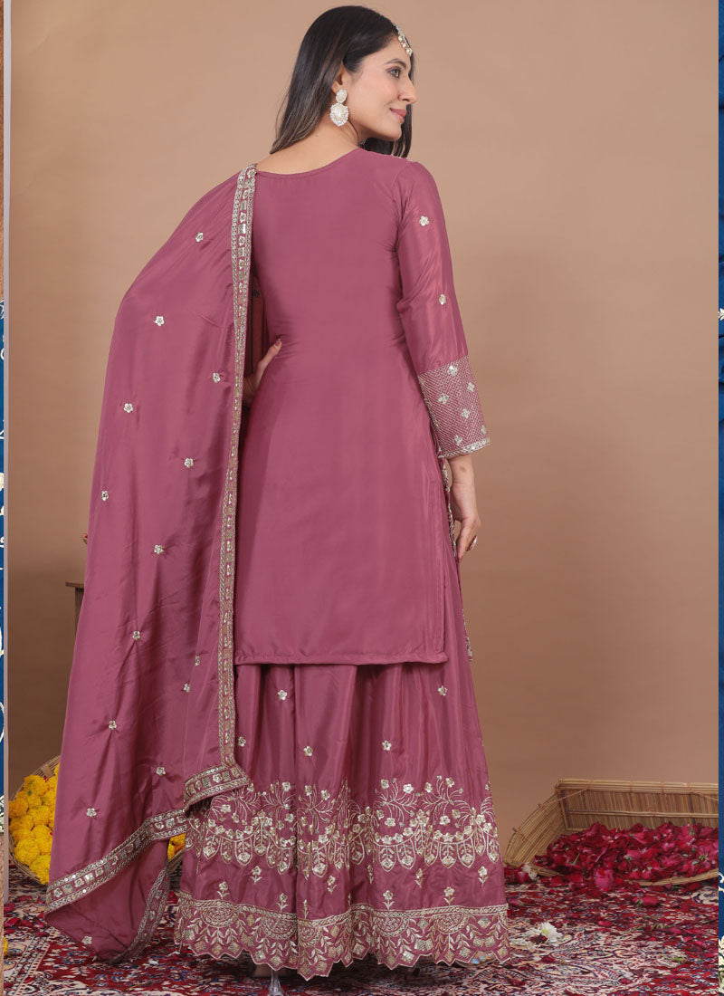 Prazu Fashion Onion Pink Crepe Silk Sequin Embroidered Sharara Suit