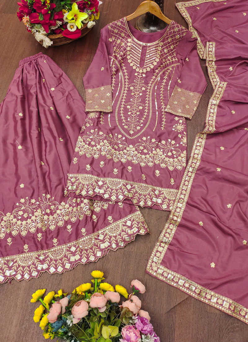 Prazu Fashion Onion Pink Crepe Silk Sequin Embroidered Sharara Suit