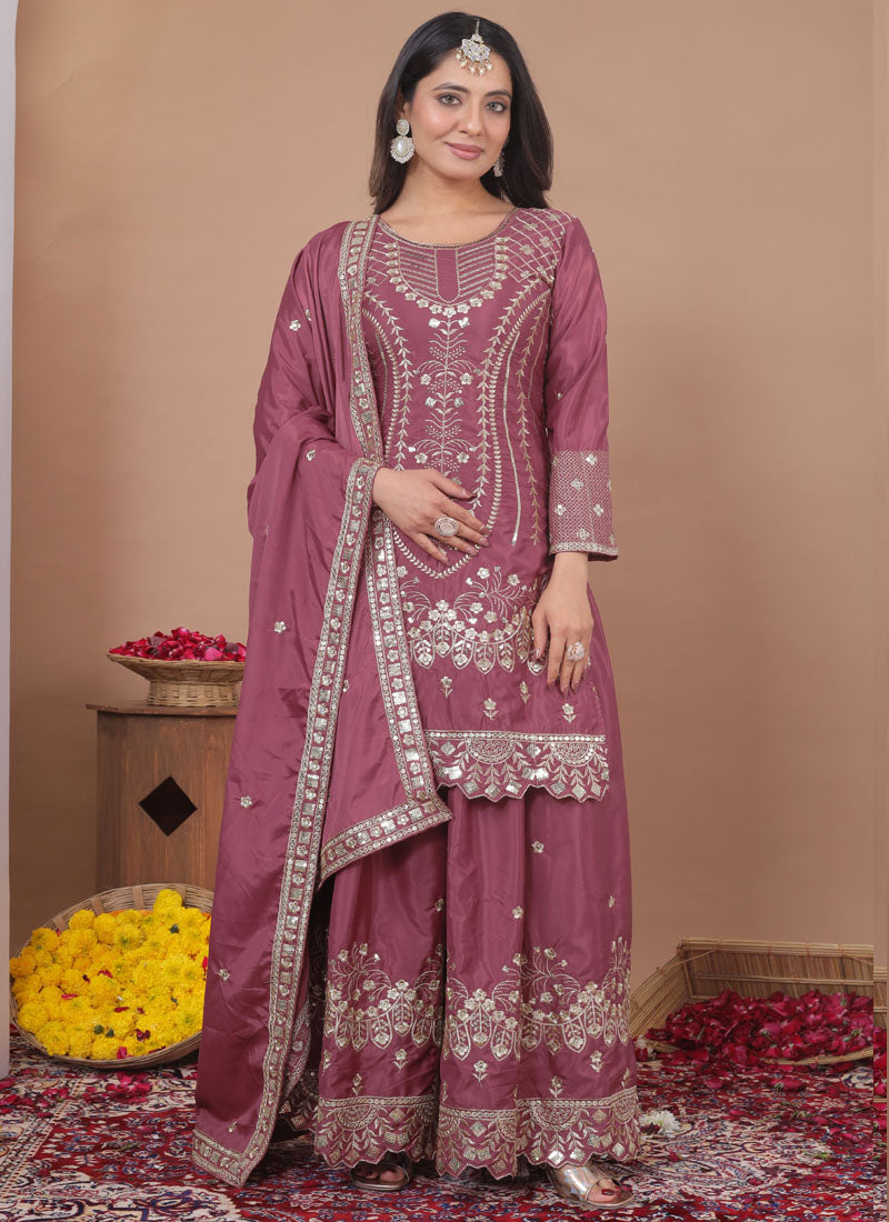Prazu Fashion Onion Pink Crepe Silk Sequin Embroidered Sharara Suit