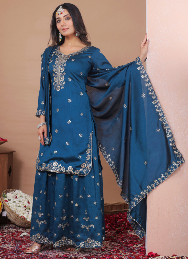 Prazu Fashion Royal Blue Vichitra Silk Sequin Embroidered Sharara Suit