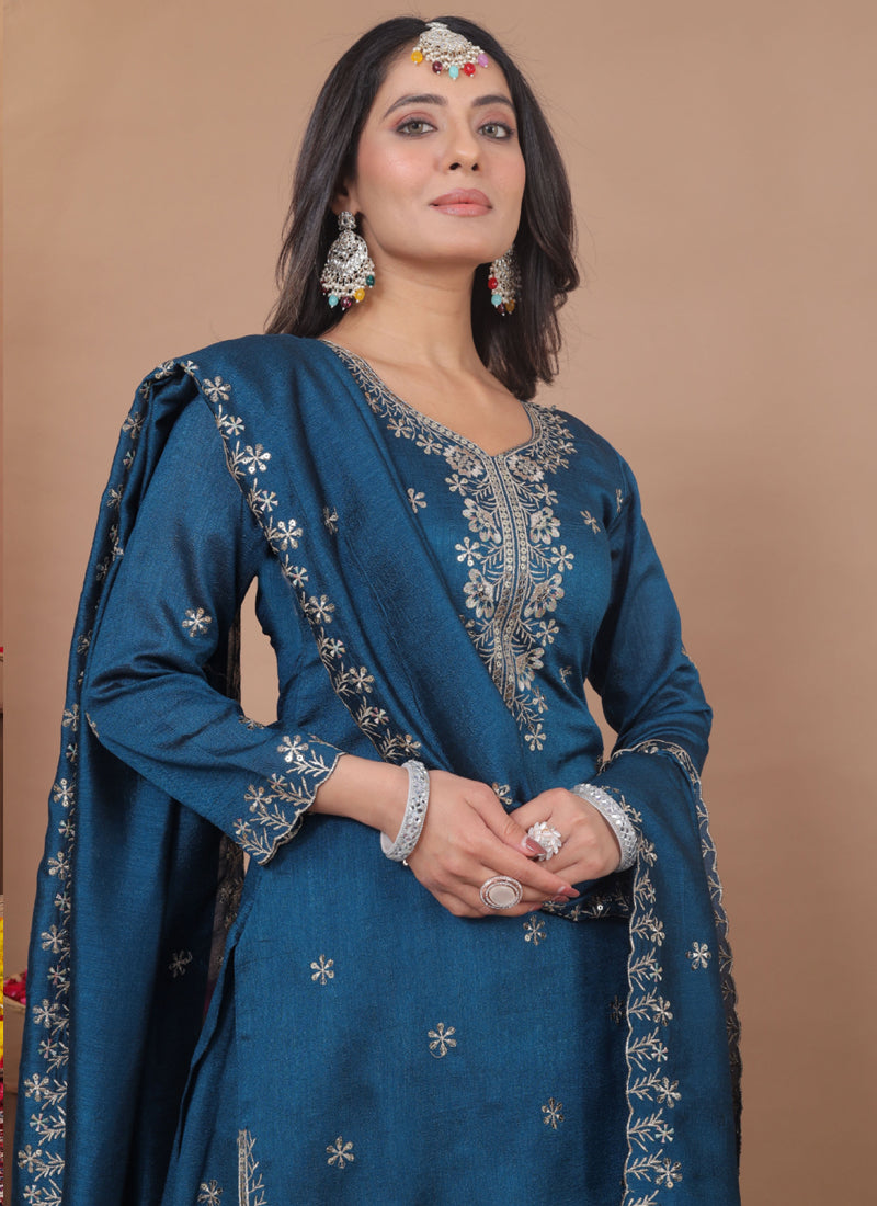 Prazu Fashion Royal Blue Vichitra Silk Sequin Embroidered Sharara Suit