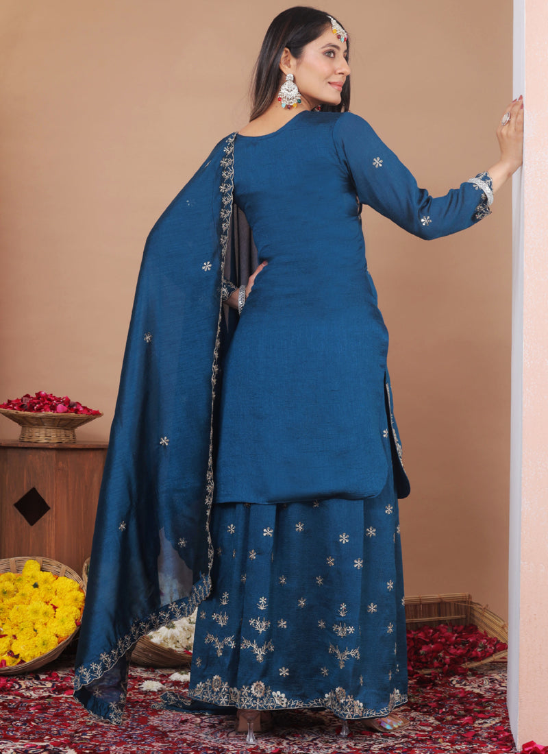 Prazu Fashion Royal Blue Vichitra Silk Sequin Embroidered Sharara Suit