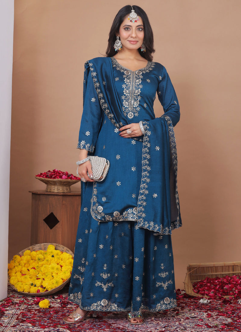 Prazu Fashion Royal Blue Vichitra Silk Sequin Embroidered Sharara Suit