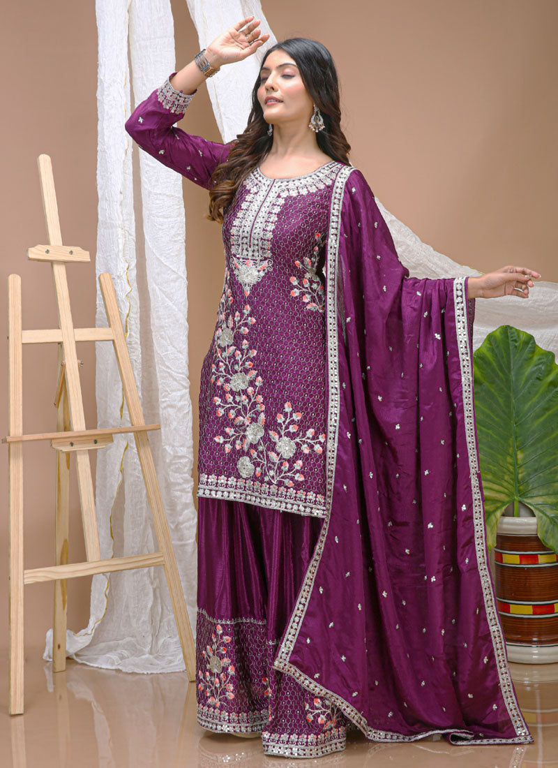 Prazu Fashion Violet Chinon Silk Sequin Embroidered Sharara Suit