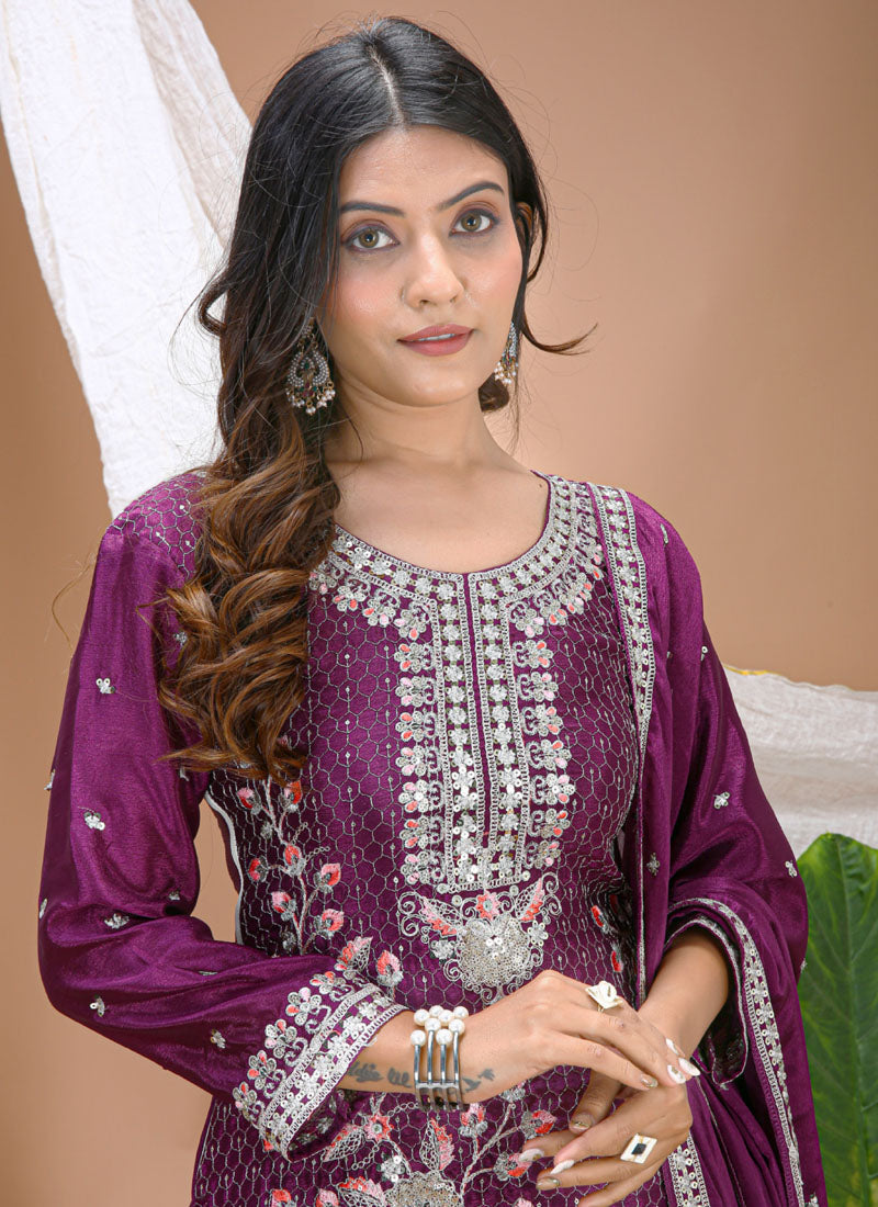 Prazu Fashion Violet Chinon Silk Sequin Embroidered Sharara Suit