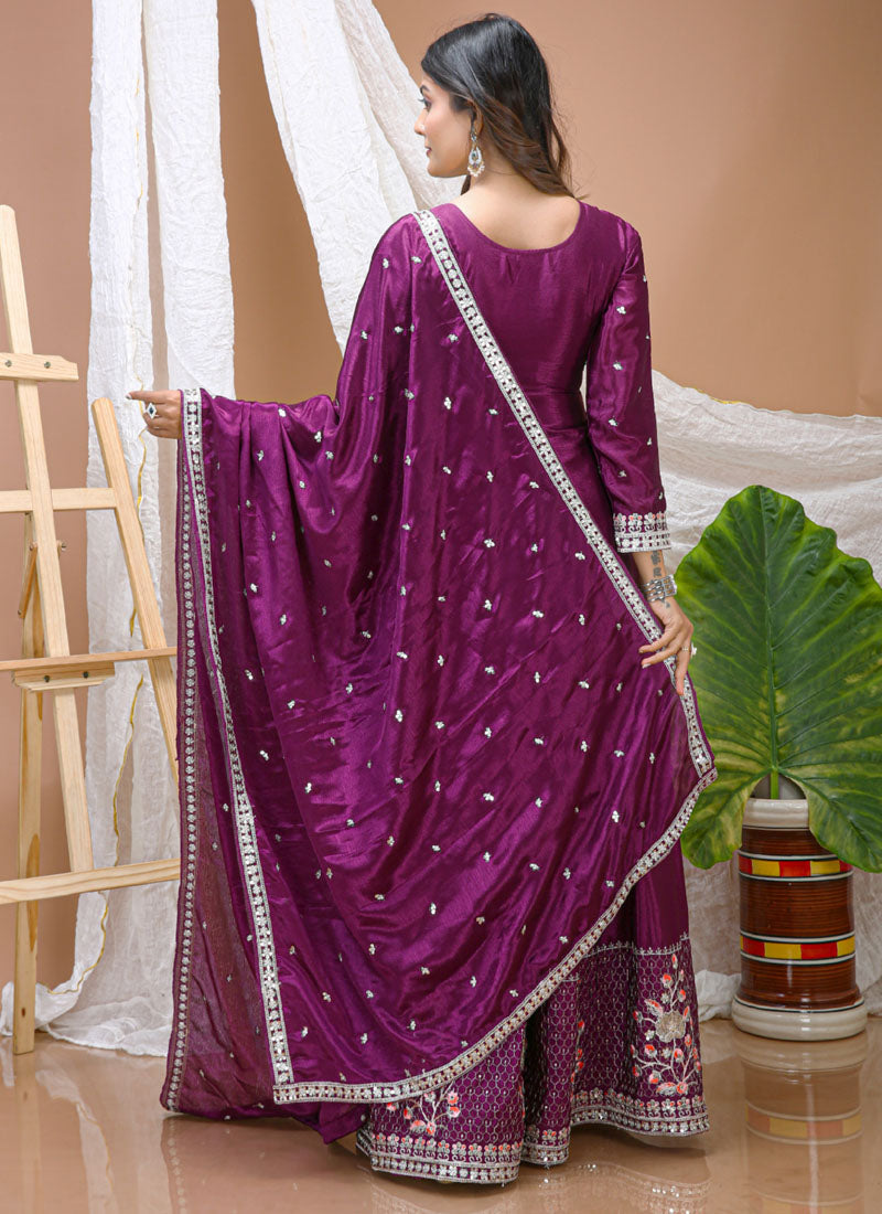 Prazu Fashion Violet Chinon Silk Sequin Embroidered Sharara Suit