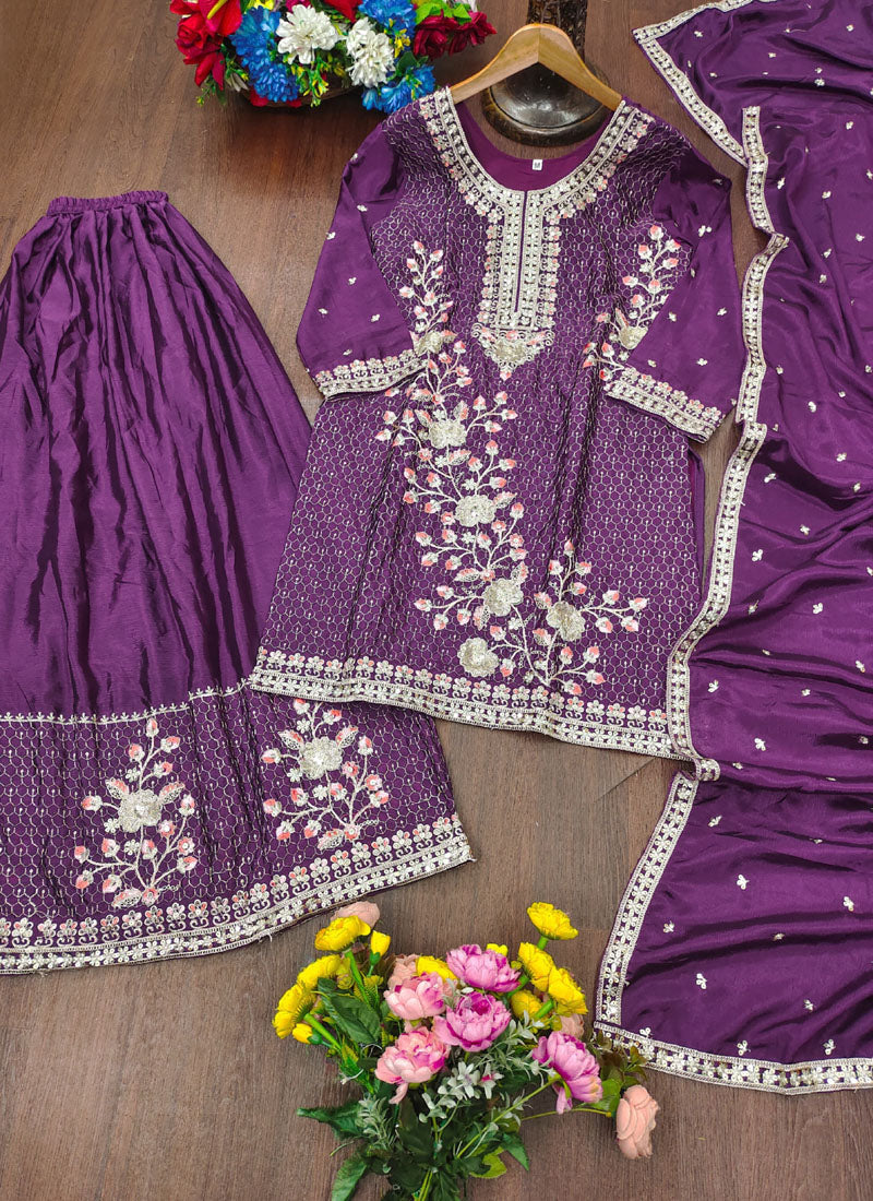 Prazu Fashion Violet Chinon Silk Sequin Embroidered Sharara Suit