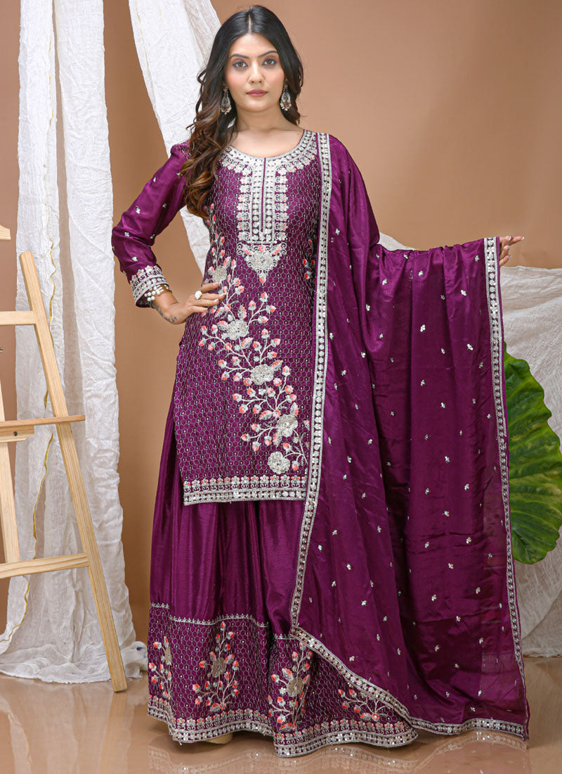 Prazu Fashion Violet Chinon Silk Sequin Embroidered Sharara Suit