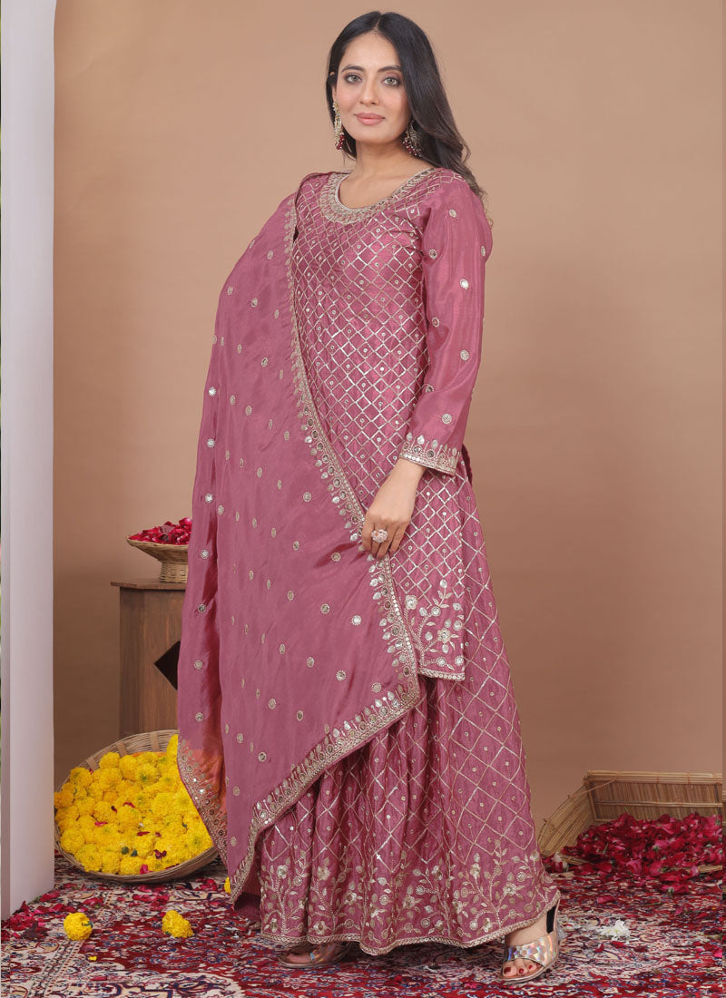 Prazu Fashion Onion Pink Chinon Silk Sequin Embroidered Sharara Suit
