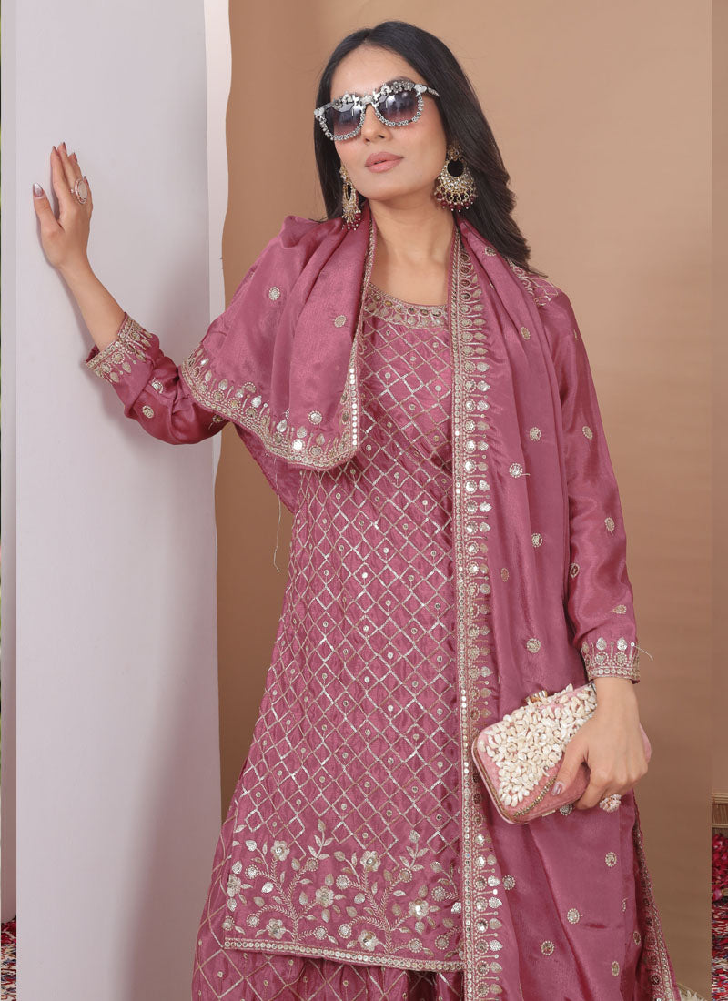 Prazu Fashion Onion Pink Chinon Silk Sequin Embroidered Sharara Suit