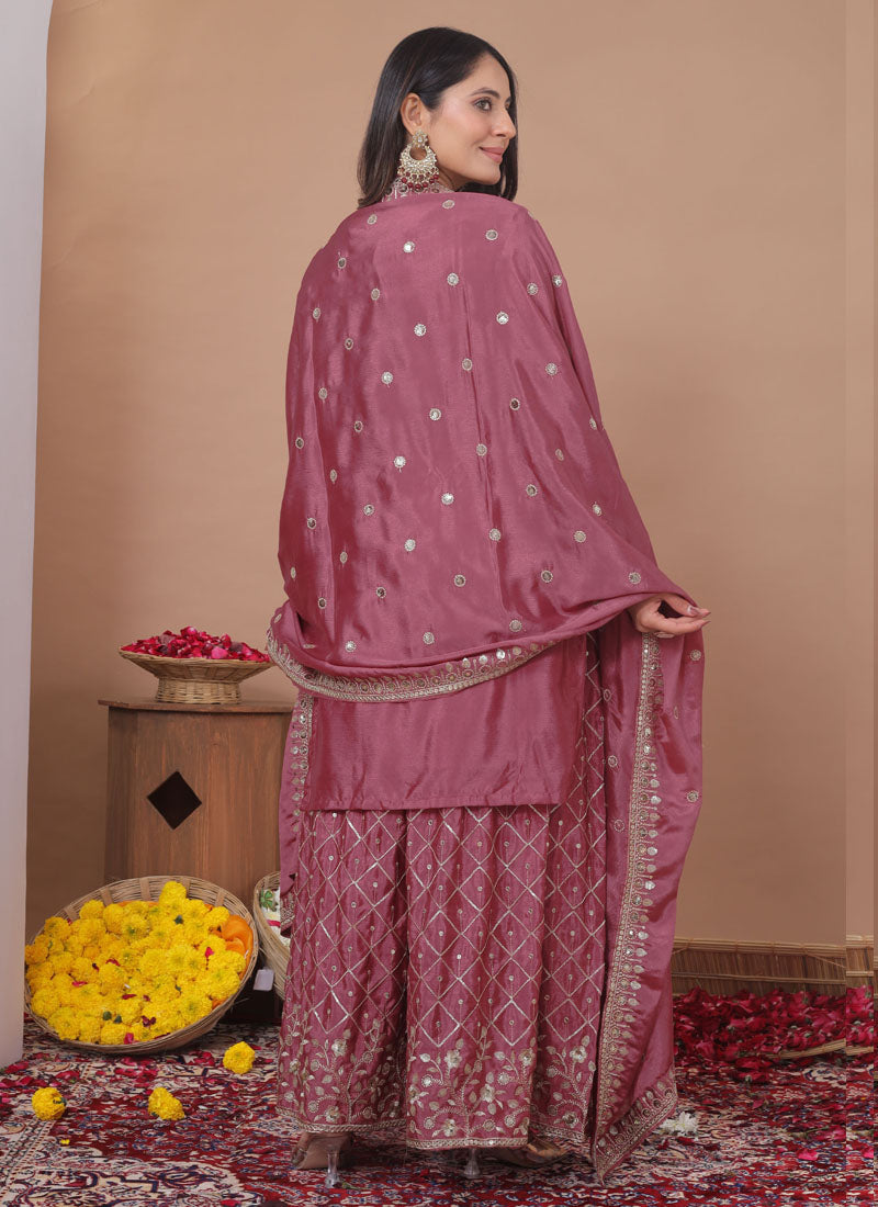 Prazu Fashion Onion Pink Chinon Silk Sequin Embroidered Sharara Suit