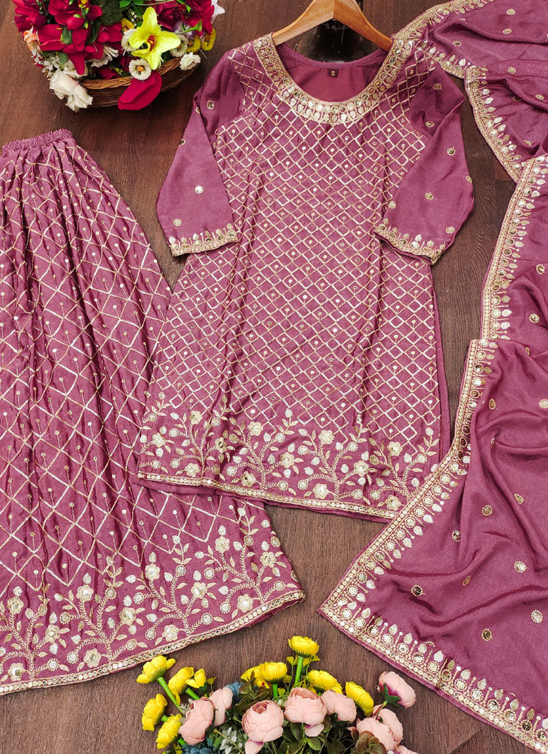 Prazu Fashion Onion Pink Chinon Silk Sequin Embroidered Sharara Suit