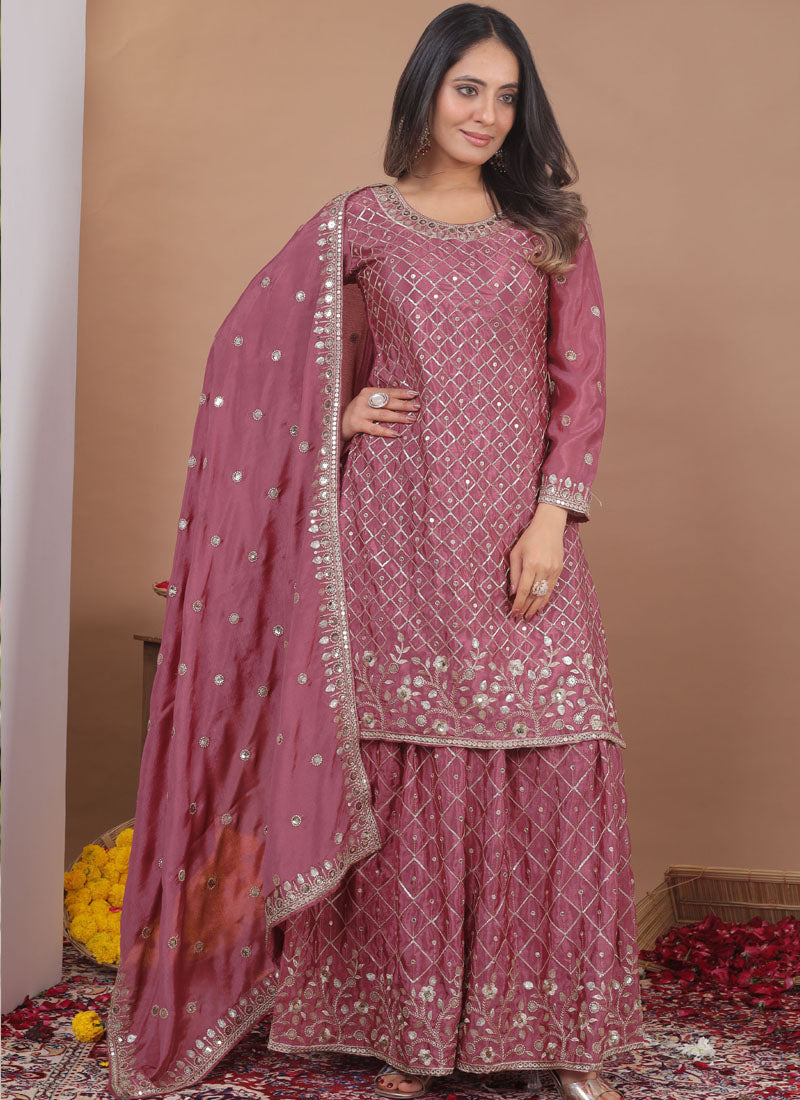 Prazu Fashion Onion Pink Chinon Silk Sequin Embroidered Sharara Suit
