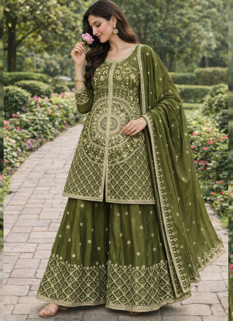 Prazu Fashion Mehendi Chinon Silk Sequin Embroidered Sharara Suit