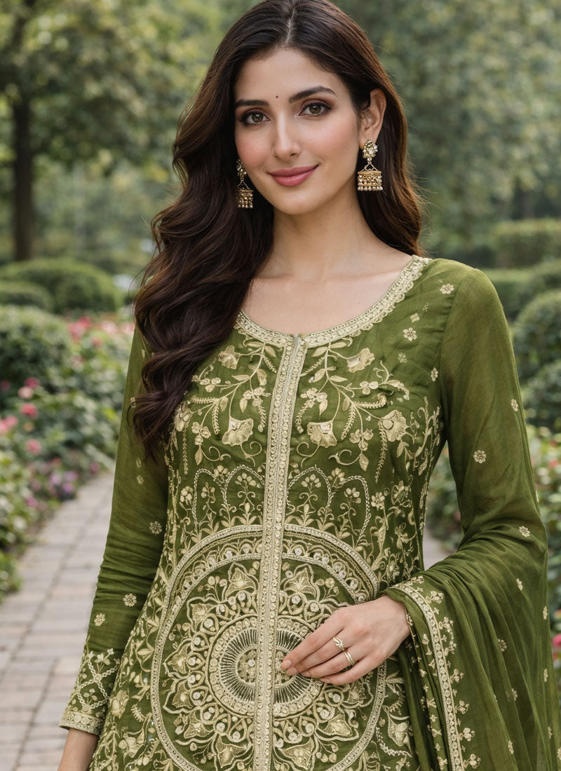 Prazu Fashion Mehendi Chinon Silk Sequin Embroidered Sharara Suit