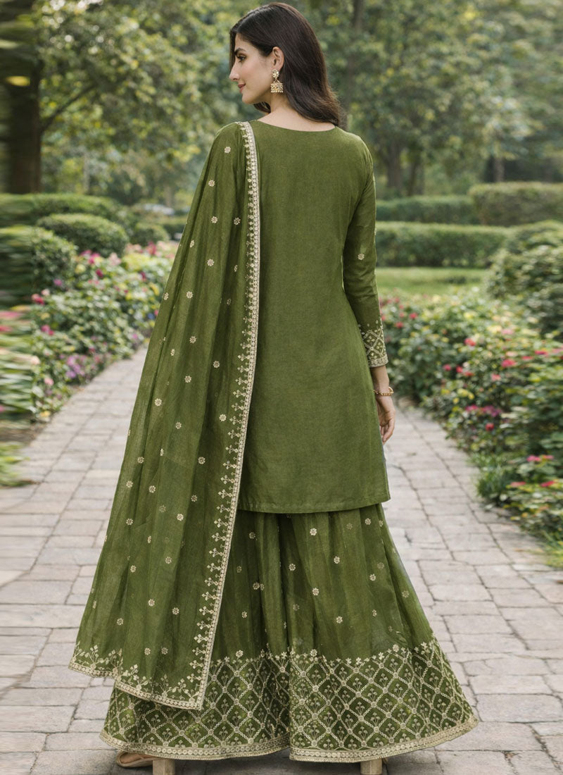 Prazu Fashion Mehendi Chinon Silk Sequin Embroidered Sharara Suit