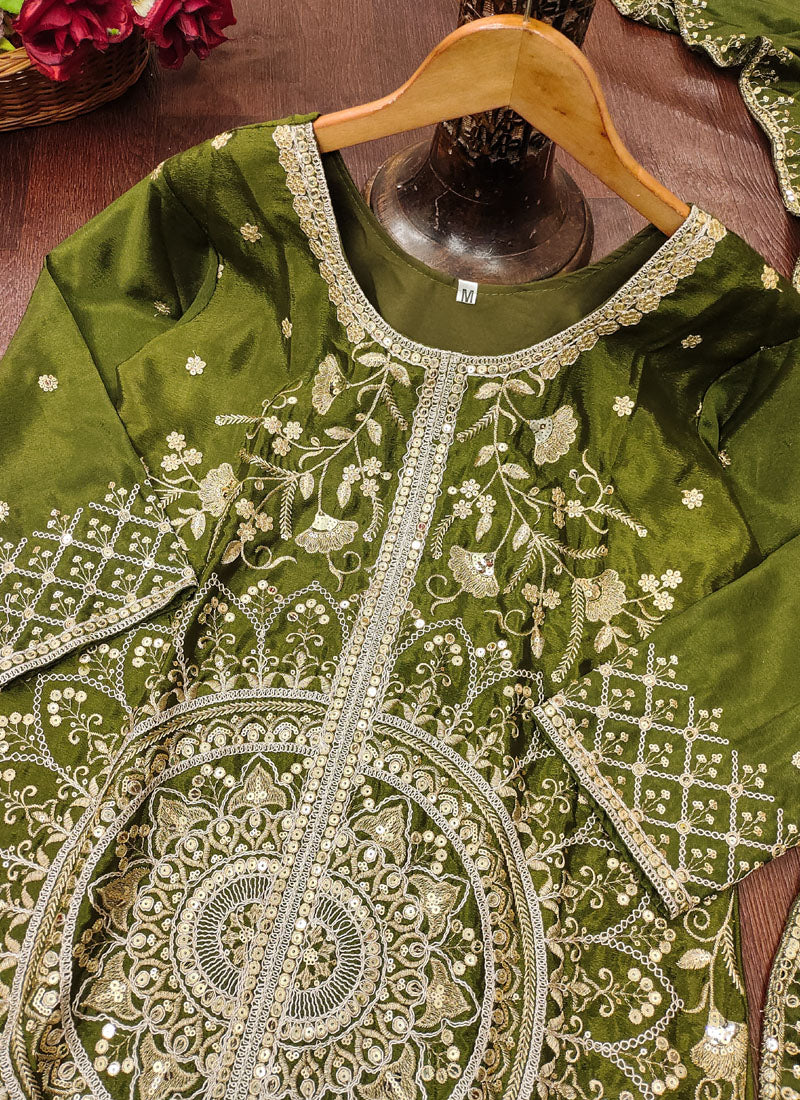 Prazu Fashion Mehendi Chinon Silk Sequin Embroidered Sharara Suit