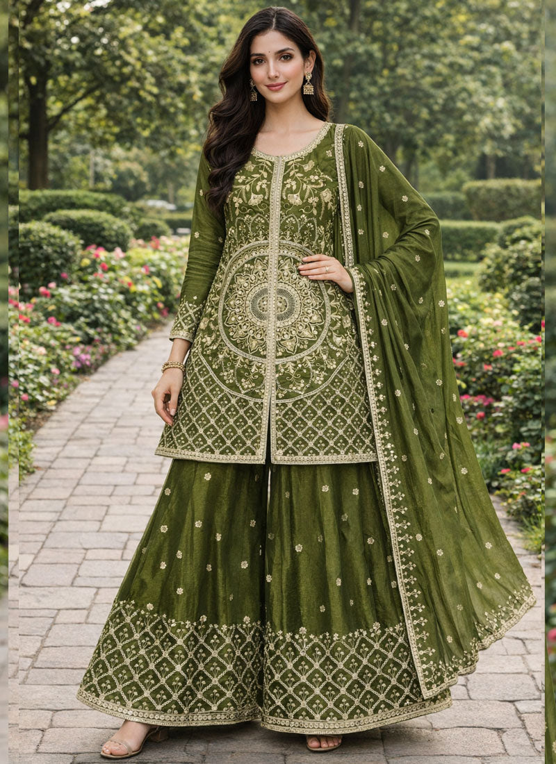 Prazu Fashion Mehendi Chinon Silk Sequin Embroidered Sharara Suit
