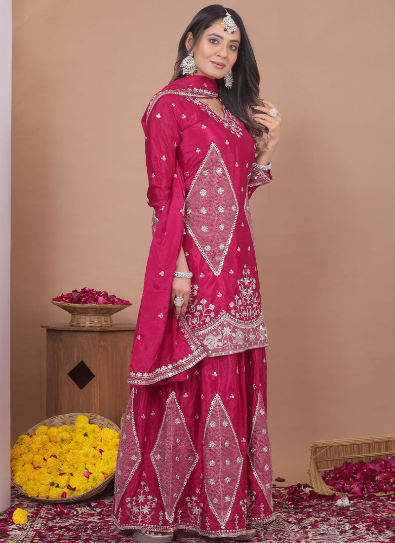 Prazu Fashion Pink Chinon Silk Sequin Embroidered Sharara Suit