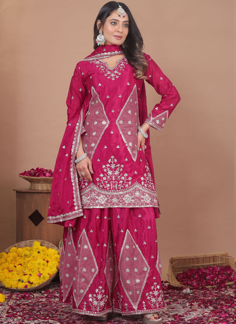 Prazu Fashion Pink Chinon Silk Sequin Embroidered Sharara Suit
