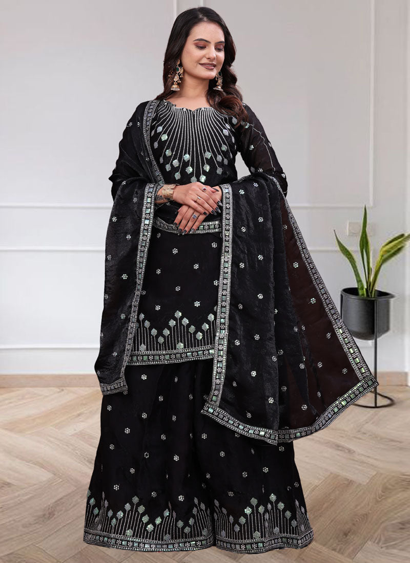 Prazu Fashion Black Chinon Silk Sequin Embroidered Sharara Suit