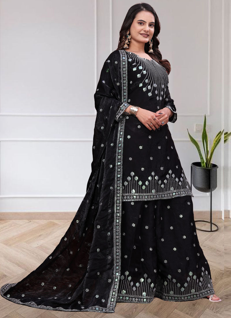 Prazu Fashion Black Chinon Silk Sequin Embroidered Sharara Suit