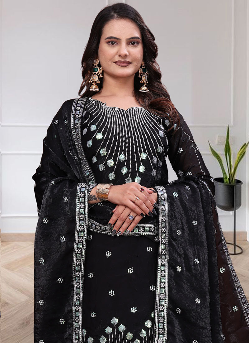 Prazu Fashion Black Chinon Silk Sequin Embroidered Sharara Suit