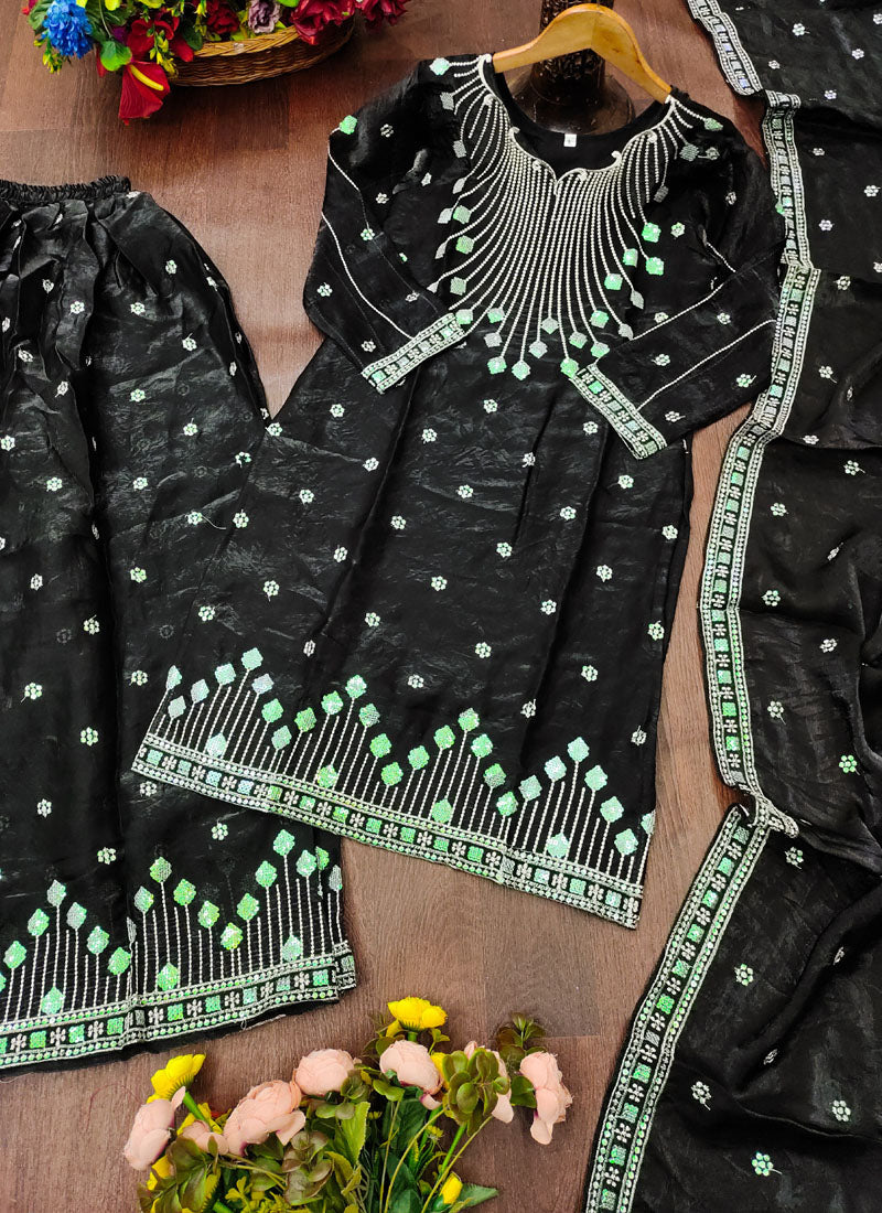 Prazu Fashion Black Chinon Silk Sequin Embroidered Sharara Suit