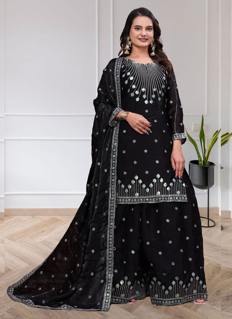 Prazu Fashion Black Chinon Silk Sequin Embroidered Sharara Suit