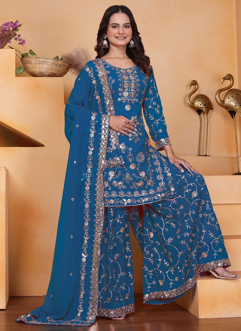 Prazu Fashion Blue Georgette Sequin Embroidered Sharara Suit