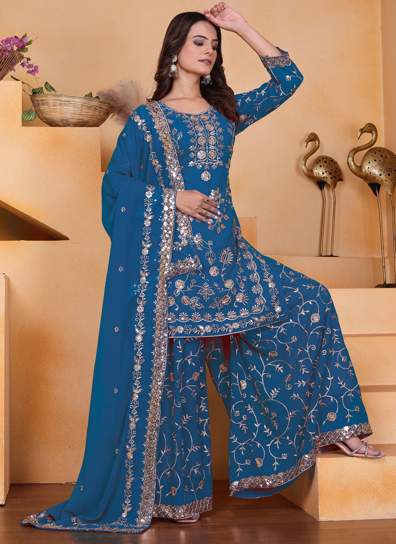 Prazu Fashion Blue Georgette Sequin Embroidered Sharara Suit