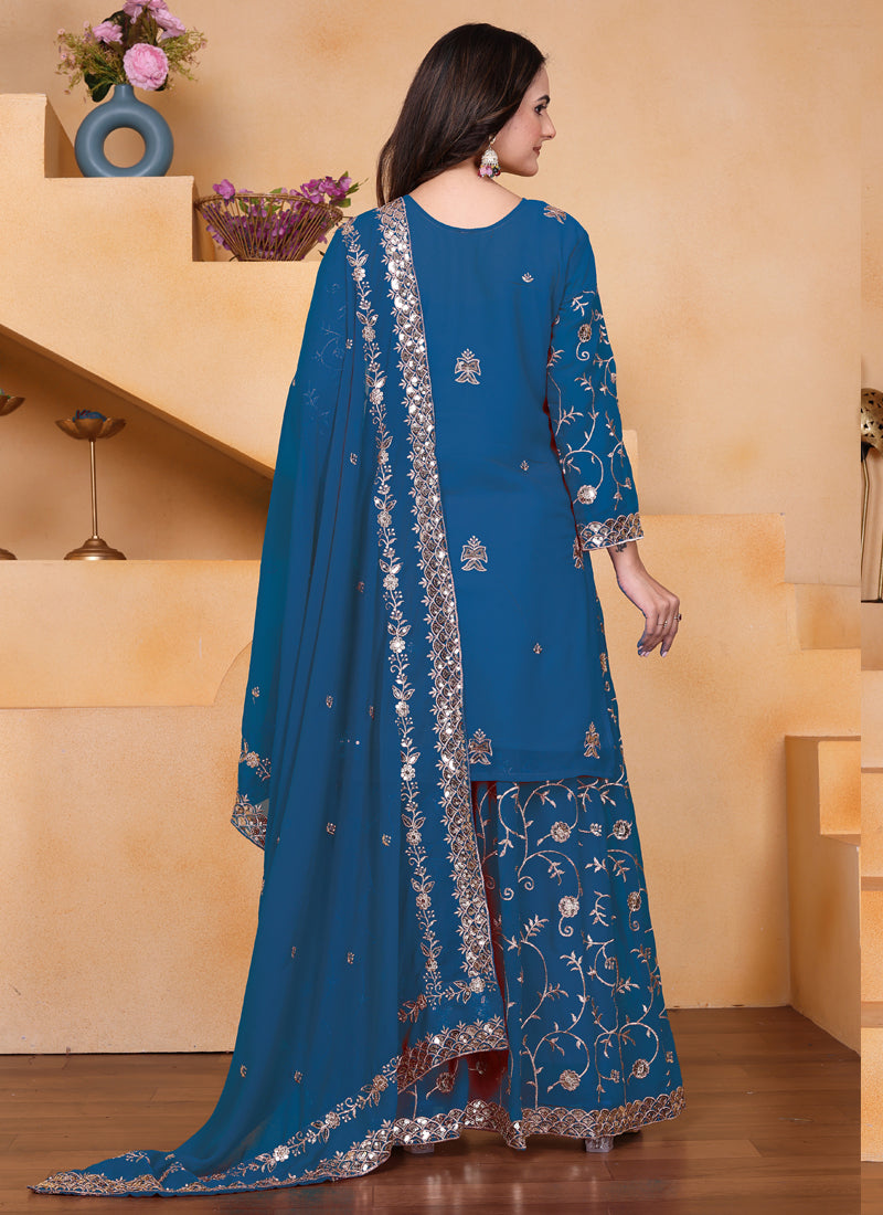 Prazu Fashion Blue Georgette Sequin Embroidered Sharara Suit