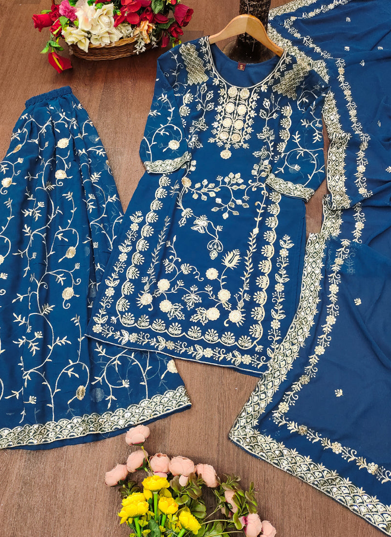 Prazu Fashion Blue Georgette Sequin Embroidered Sharara Suit