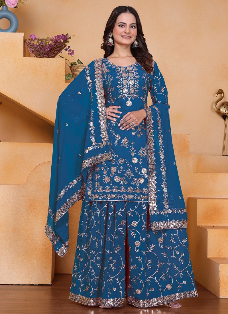 Prazu Fashion Blue Georgette Sequin Embroidered Sharara Suit