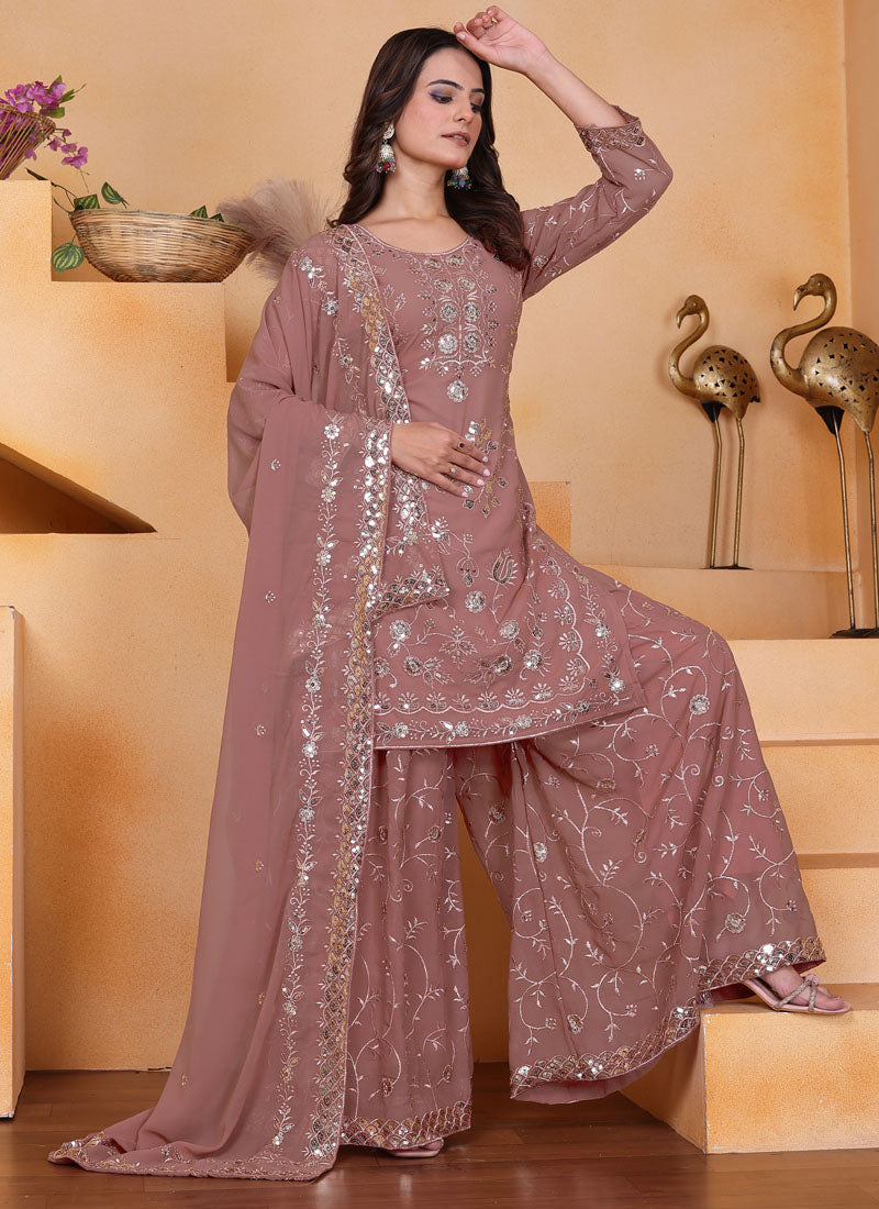 Prazu Fashion Onion Pink Georgette Sequin Embroidered Sharara Suit