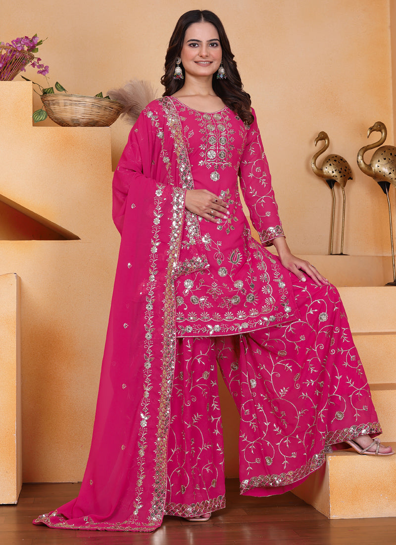 Prazu Fashion Pink Georgette Sequin Embroidered Sharara Suit