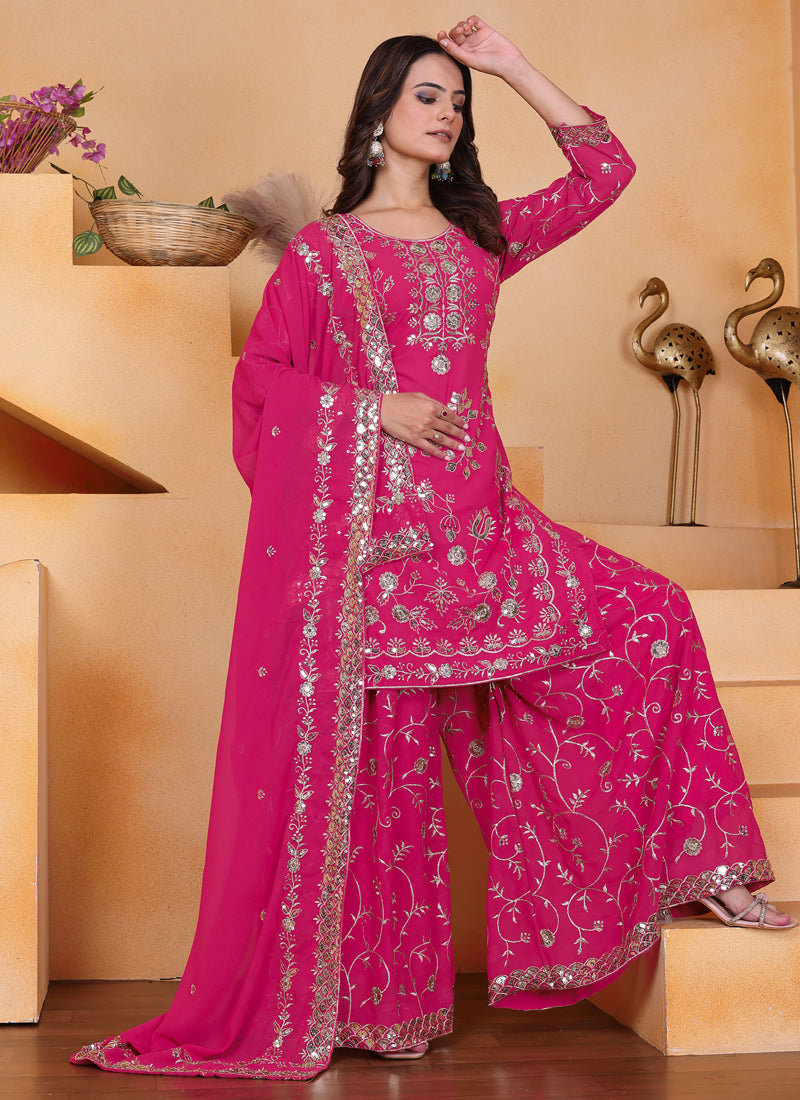 Prazu Fashion Pink Georgette Sequin Embroidered Sharara Suit