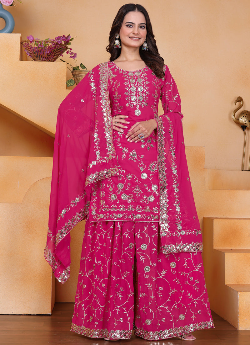 Prazu Fashion Pink Georgette Sequin Embroidered Sharara Suit