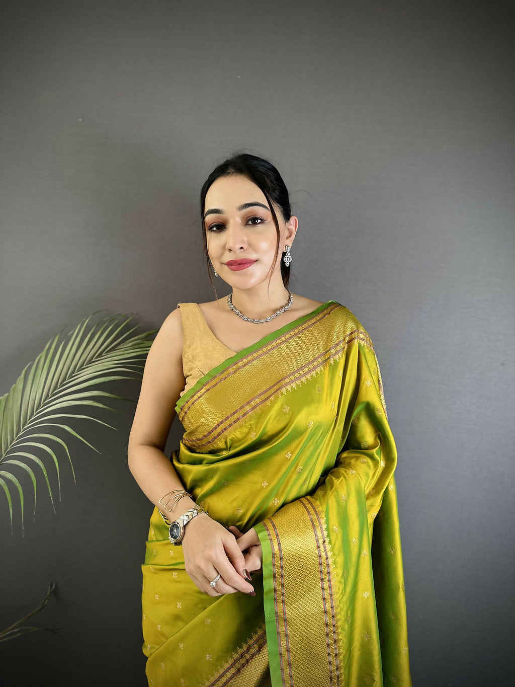 Joban Fashion Lime Green Butti Woven Soft Lichi Silk Paithani Saree