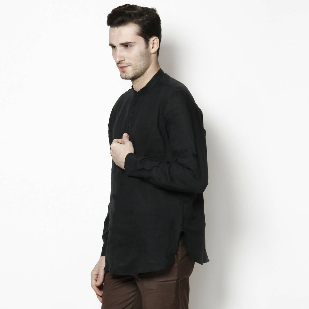 Even Apparels Black Linen Linen Men's Kurta With Band Collar