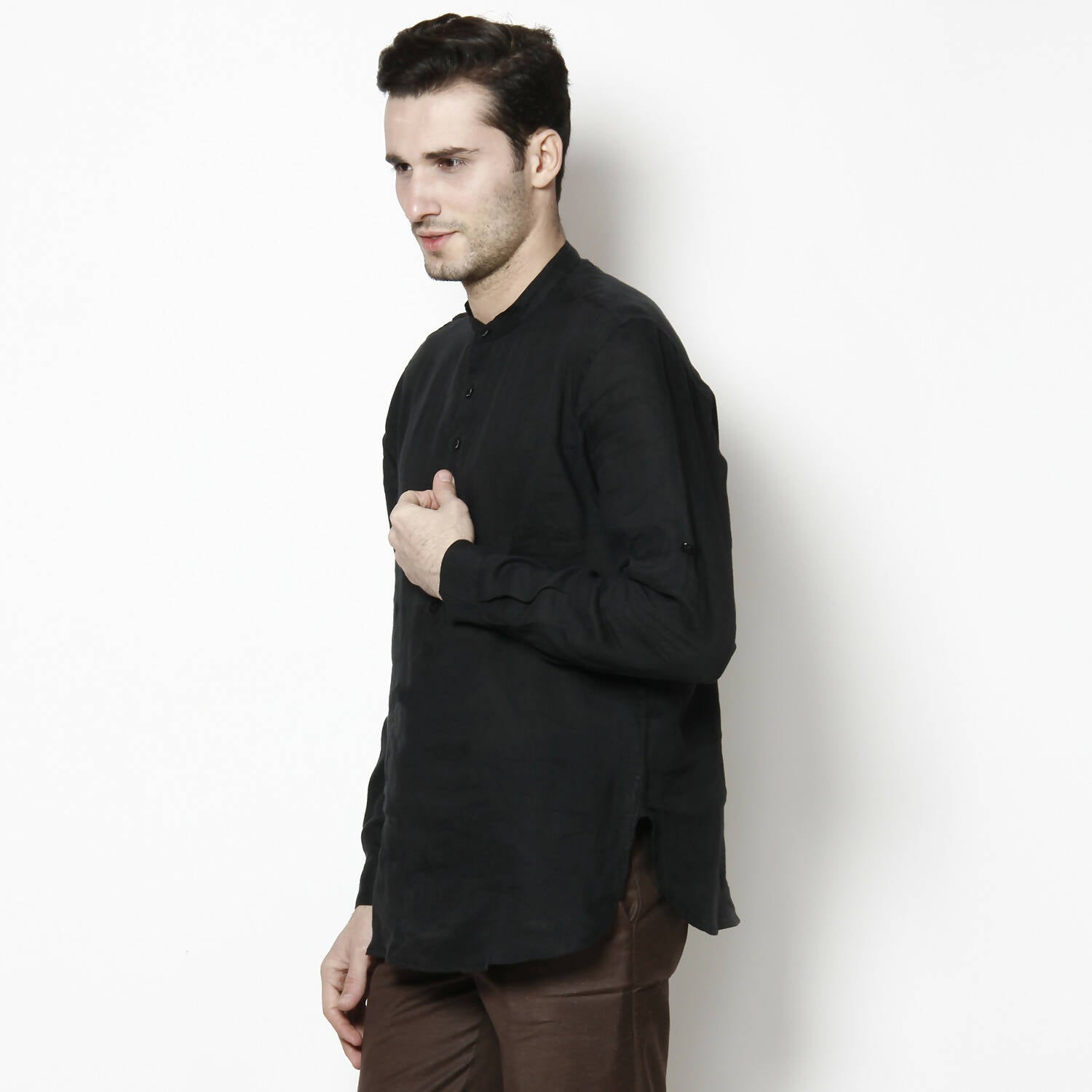 Even Apparels Black Linen Linen Men's Kurta With Band Collar