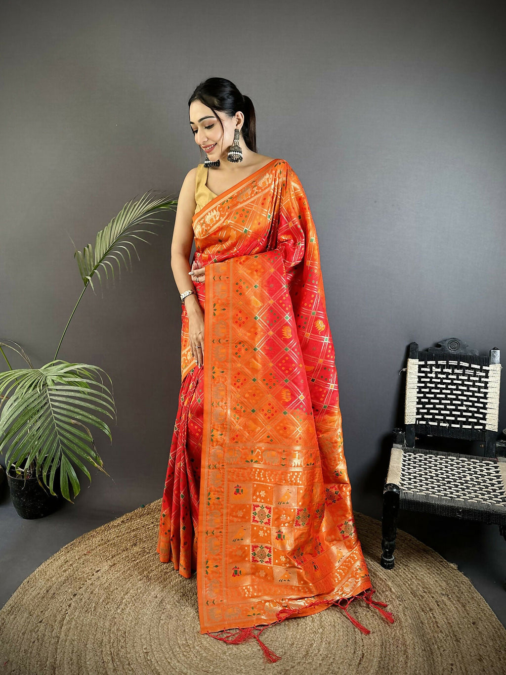 Joban Fashion Orange Geometric Pattern Soft Silk Patola Saree