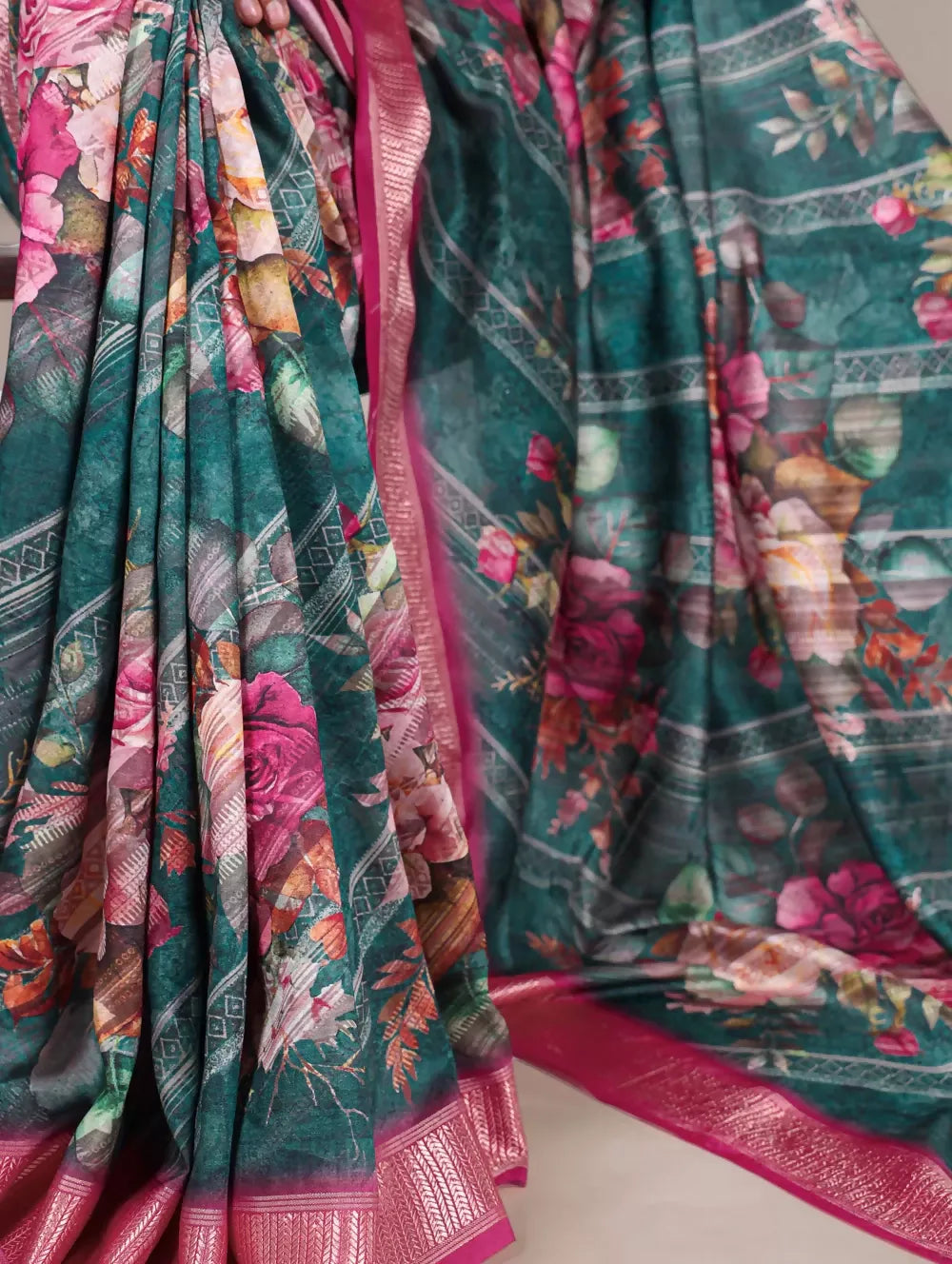 Vastranavya Green Tussar Silk Printed with Viscose Border Saree with Unstitched Blouse