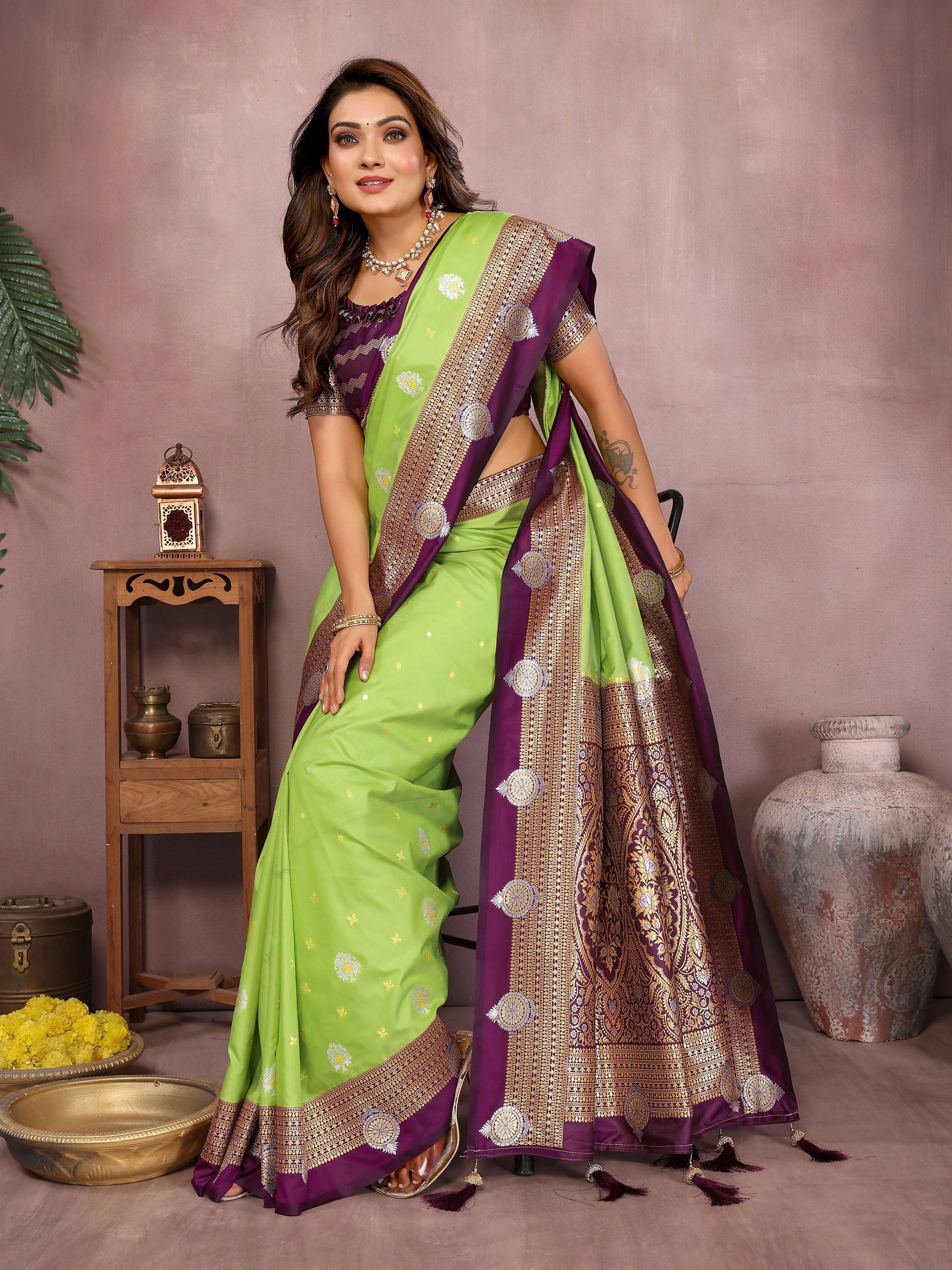 Aastha Fashion Parrot Green Silk Sarees Weaving Saree