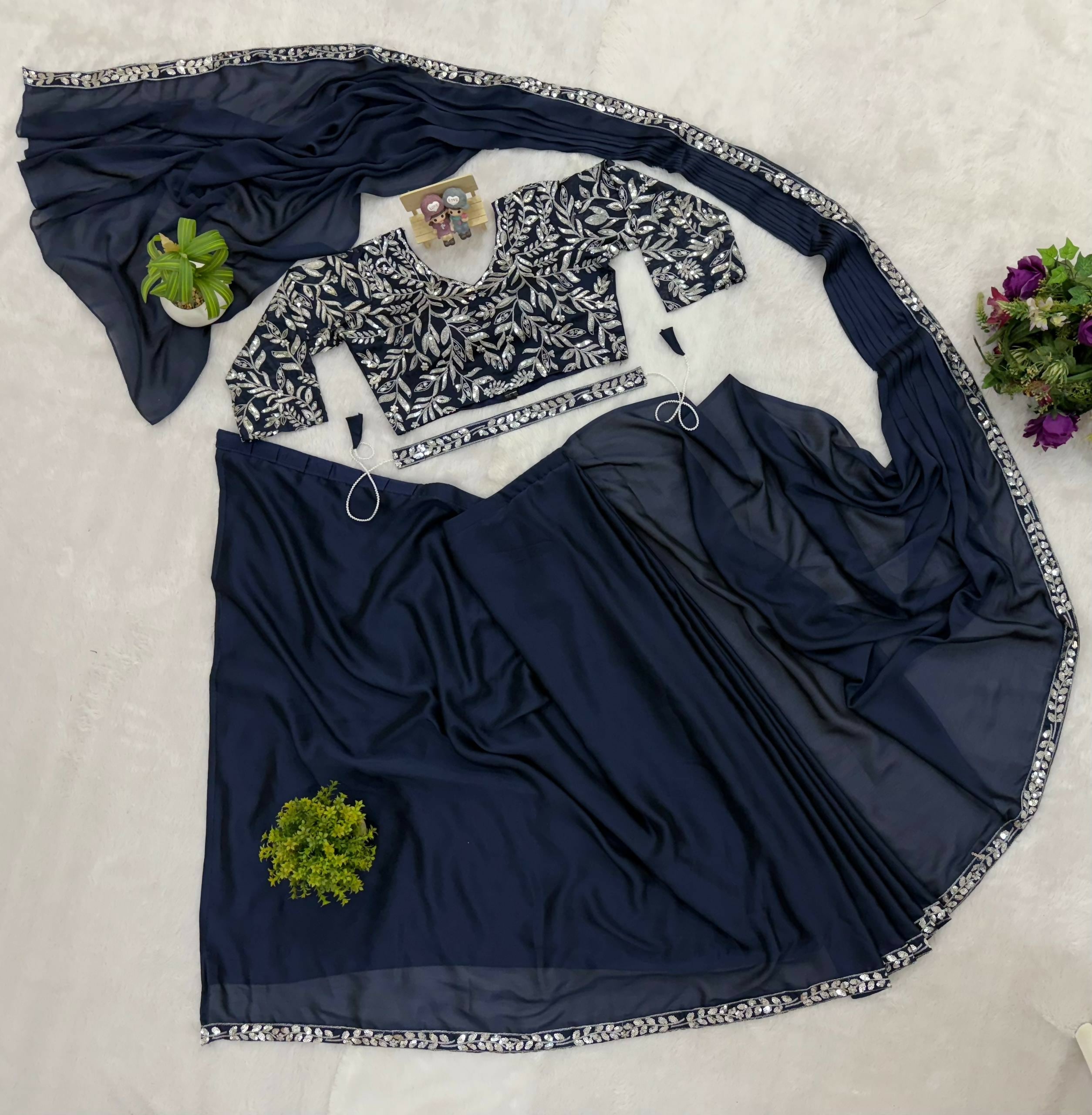 Teeya Creation Dark Blue Color Rangoli Silk Trending Ready To Wear Saree With Belt